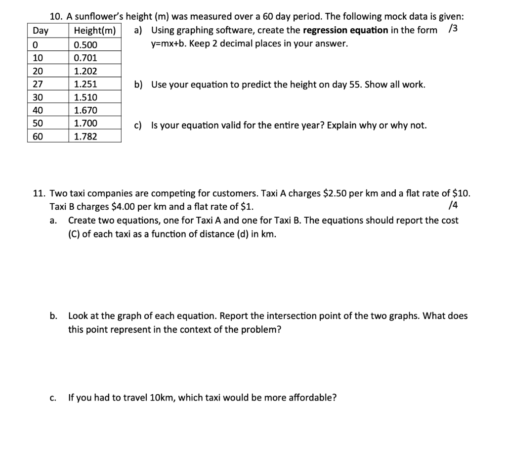 Solved 10. A Sunflower's Height (m) Was Measured Over A 60 