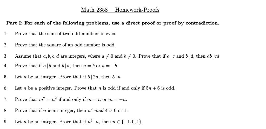 Math Proofs Homework Solved Math 2358 Homework-Proofs Part I: For each of the | Chegg.com