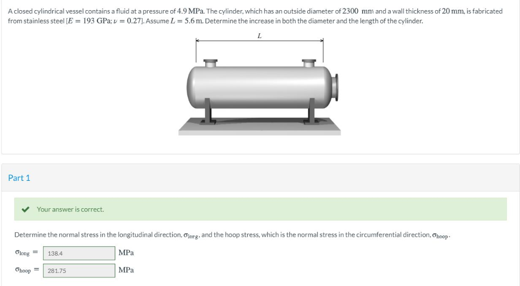 A closed cylindrical vessel contains a fluid at a pressure of 4.9 MPa. The cylinder, which has an outside diameter of 2300 mm