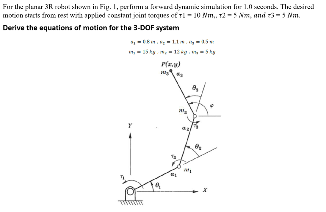 For the planar 3R robot shown in Fig. 1, perform a forward dynamic simulation for 1.0 seconds. The desired
motion starts from