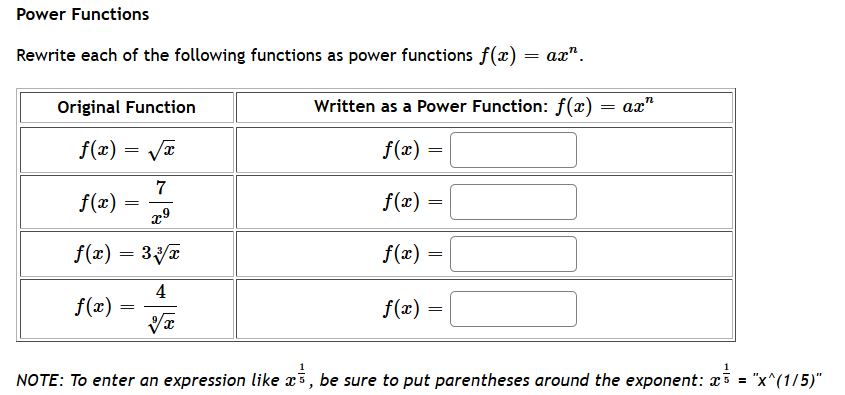 Solved Power Functions Rewrite each of the following | Chegg.com