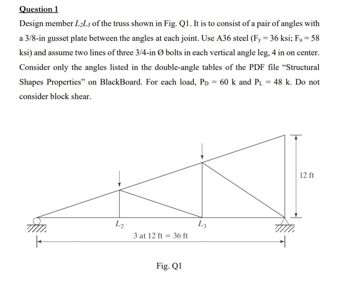 Solved Question 1 Design member L2L3 of the truss shown in | Chegg.com