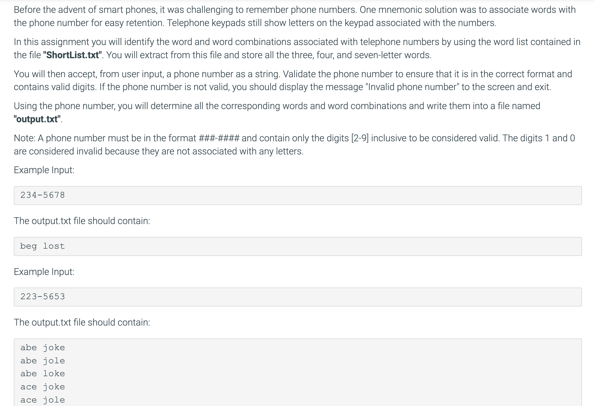 Example Input: 555−5555 The output.txt file should | Chegg.com