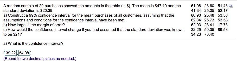 Solved A random sample of 20 purchases showed the amounts in | Chegg.com