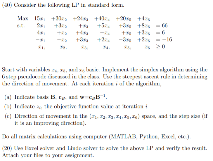 Solved (40) Consider the following LP in standard form. Max | Chegg.com
