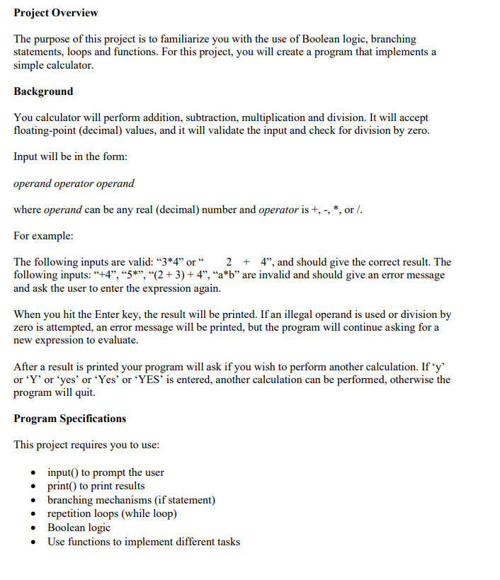 Solved Project Overview The purpose of this project is to | Chegg.com