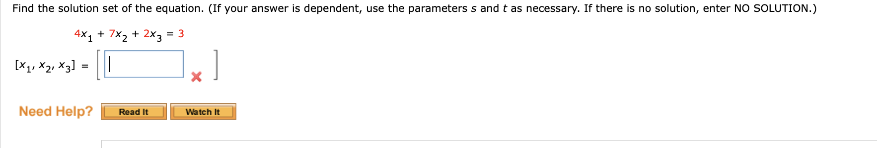 Find the solution set of the equation. (If your answer is dependent, use the parameters \( s \) and \( t \) as necessary. If