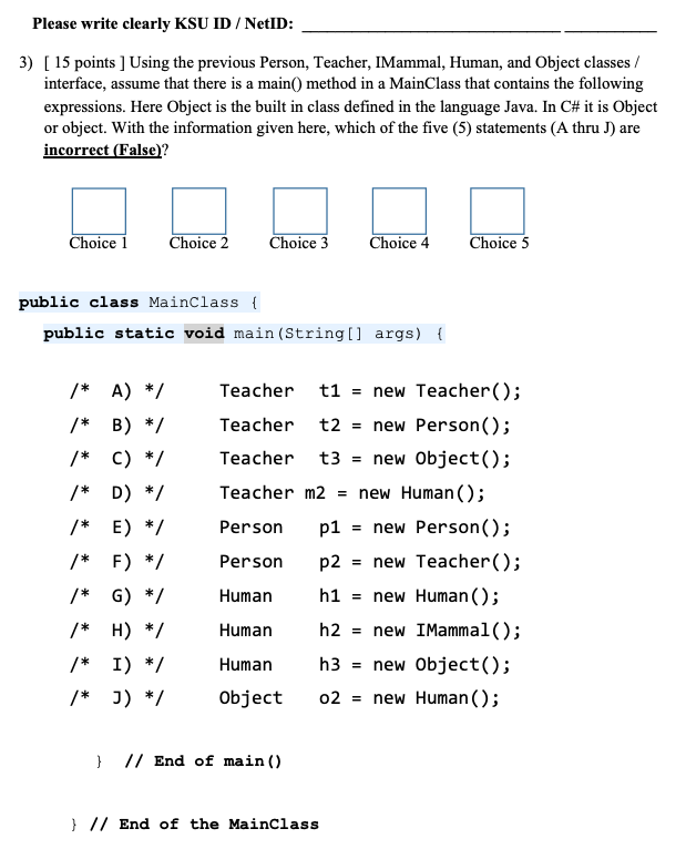 Solved 2) [ 15 points] Using your choice of C# or Java (NOT | Chegg.com
