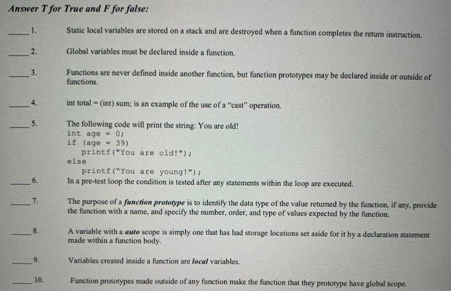 Solved Answer T for True and F for false: 1. Static local | Chegg.com