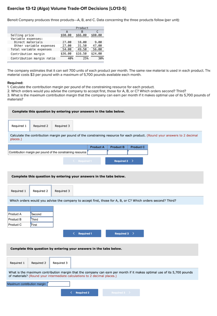 Solved Exercise 13-12 (Algo) Volume Trade-Off Decisions | Chegg.com