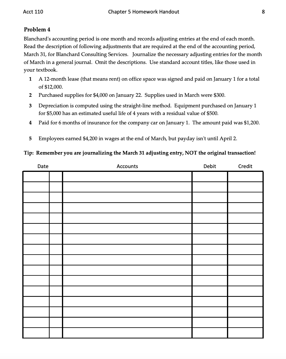 Solved Acct 110 Chapter 5 Homework Handout 1 True/False | Chegg.com
