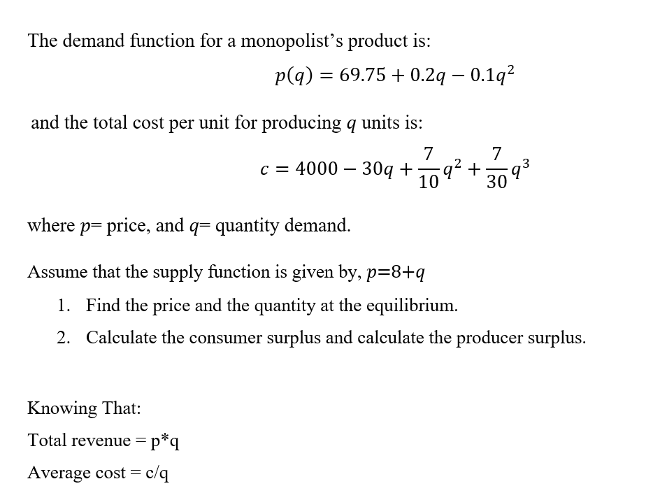 Solved The demand function for a monopolist's product is: | Chegg.com