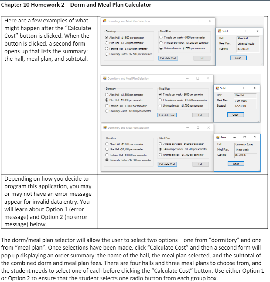 Solved Chapter 10 Homework 2 - Dorm and Meal Plan Calculator | Chegg.com