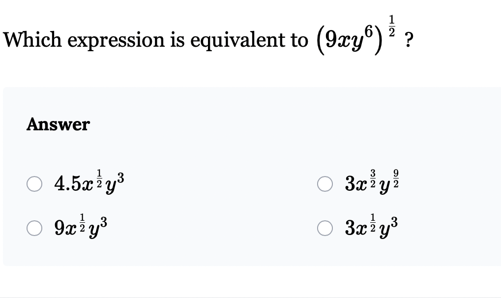 Solved Which Expression Is Equivalent To (9xy6)12 ?Answer | Chegg.com