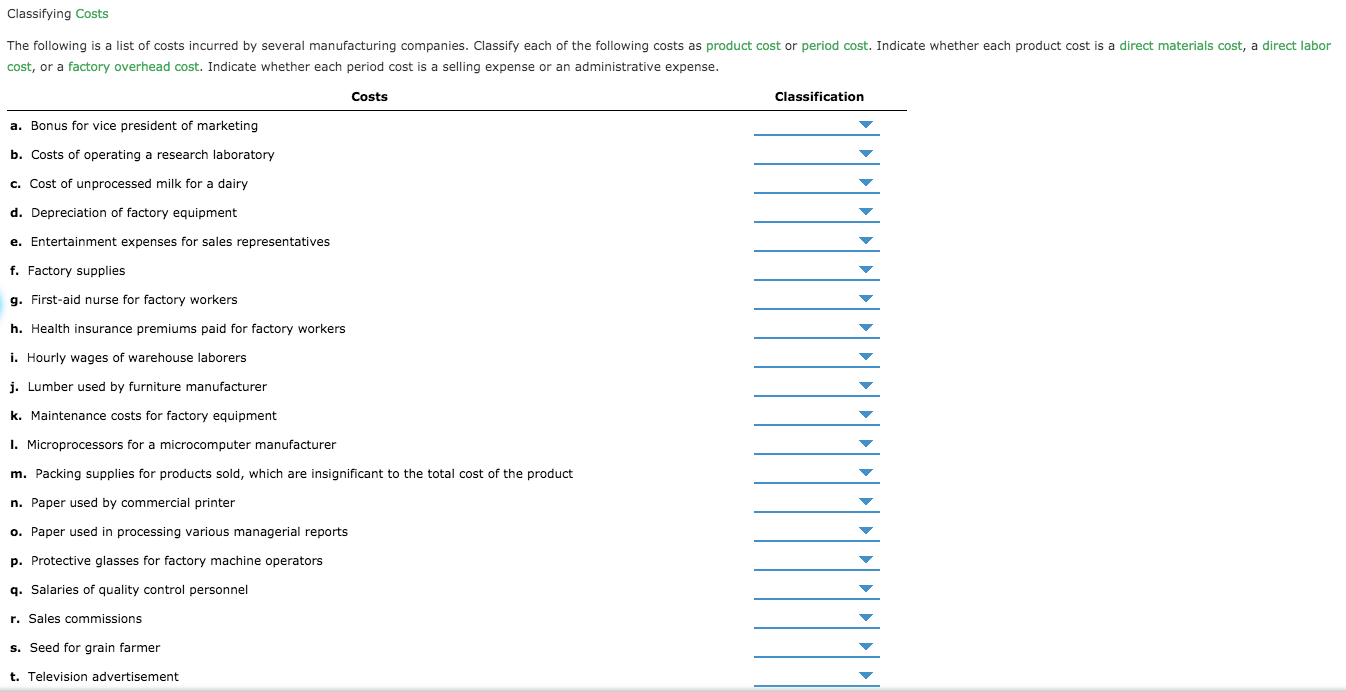 Solved Classifying Costs The Following Is A List Of Costs | Chegg.com