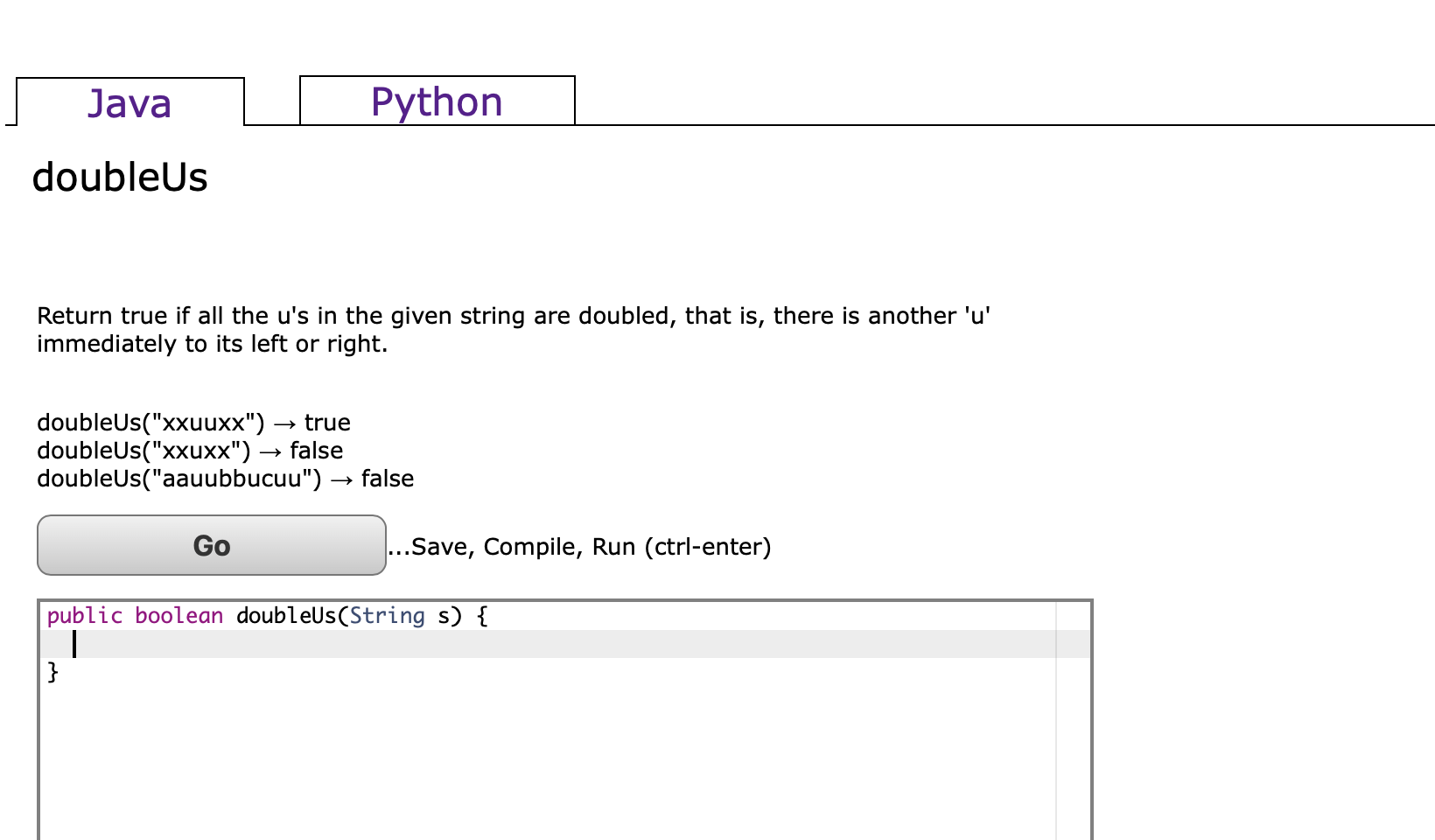 Solved Java Python doubleUs Return true if all the u's in | Chegg.com