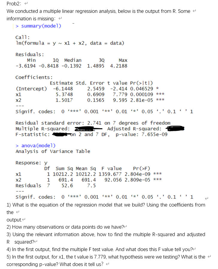 Solved Prob2: We conducted a multiple linear regression | Chegg.com
