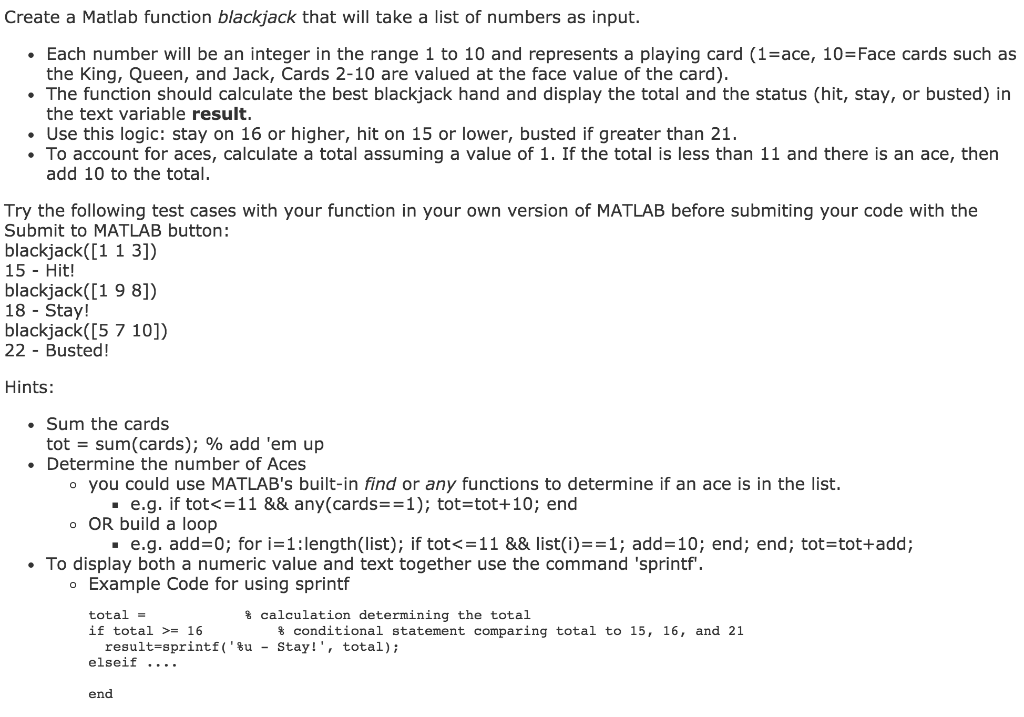 Solved Create a Matlab function blackjack that will take a