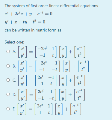 Solved The system of first order linear differential | Chegg.com