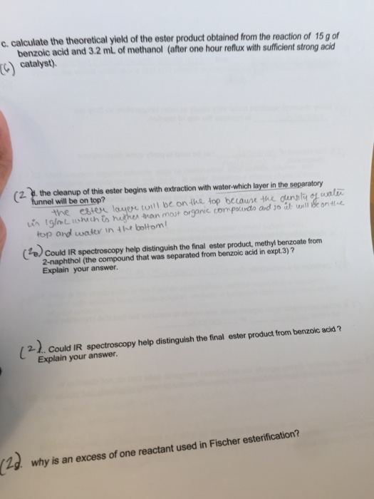 Solved c. calculate the theoretical yield of the ester | Chegg.com