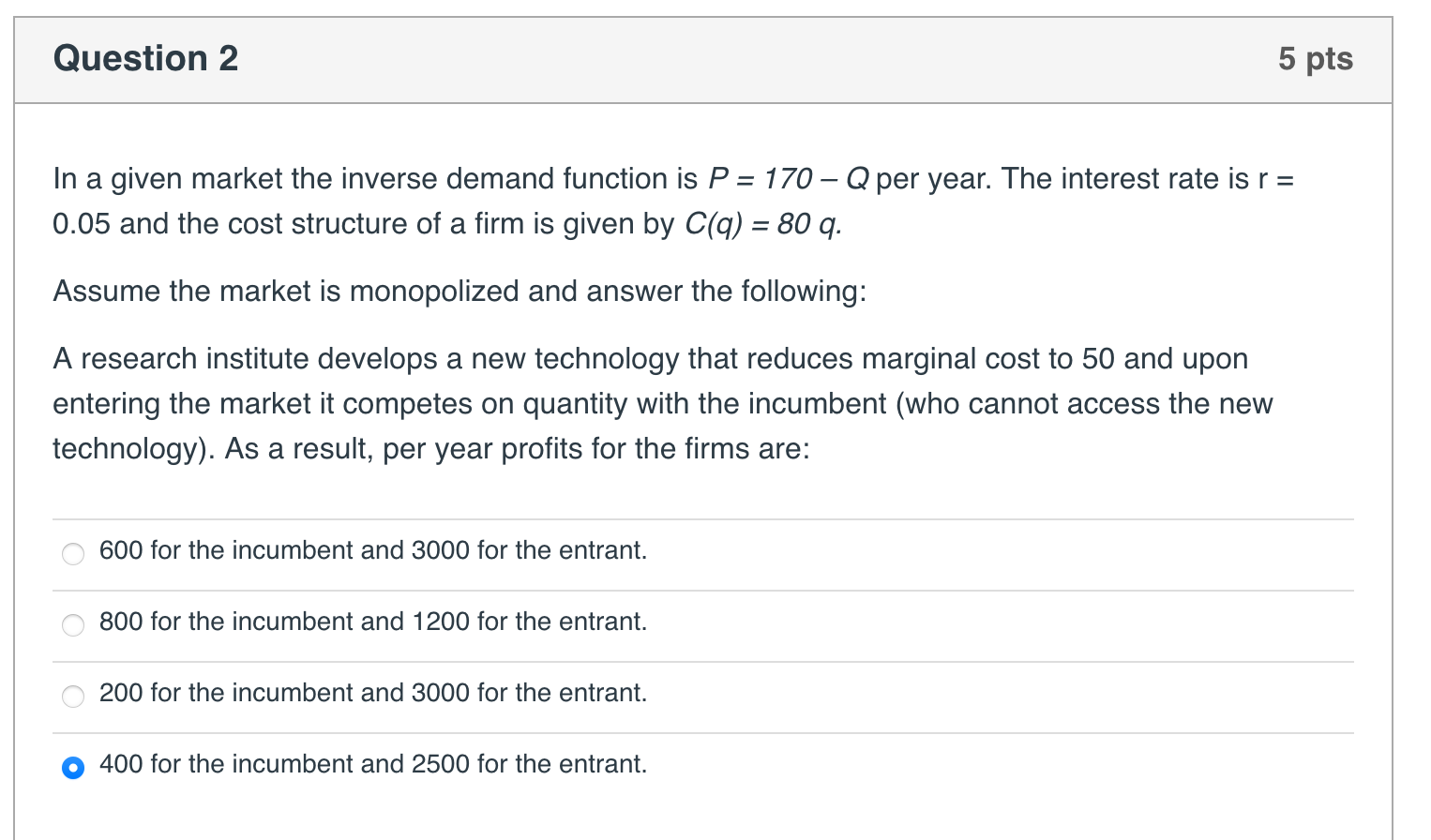 Solved Question 2 5 pts In a given market the inverse demand | Chegg.com