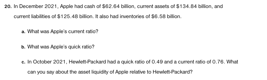 Solved 20. In December 2021, Apple had cash of $62.64 | Chegg.com