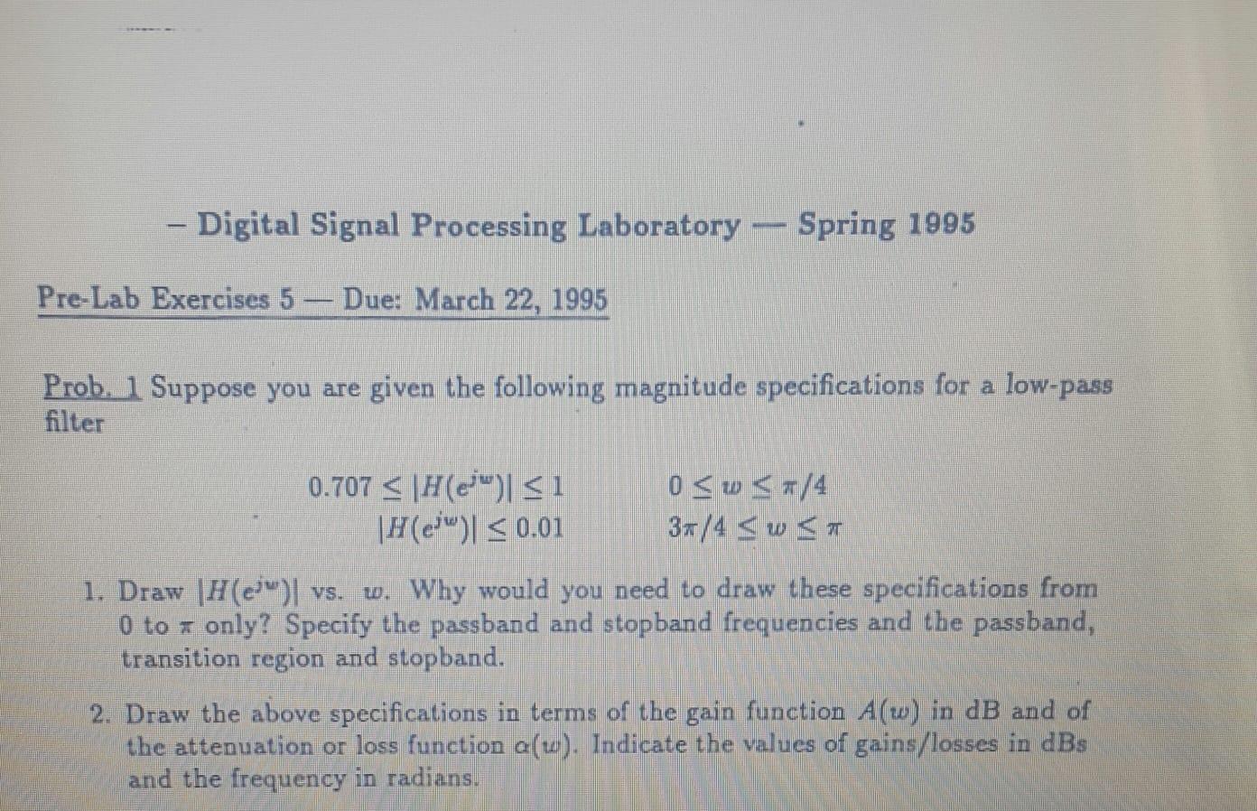 - Digital Signal Processing Laboratory - Spring 1995 | Chegg.com