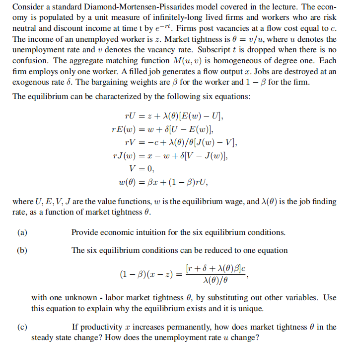 Consider a standard Diamond-Mortensen-Pissarides | Chegg.com