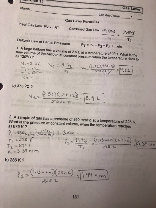 Solved ulvise 11 Gas Laws Name Lab day , time __1 Gas Laws