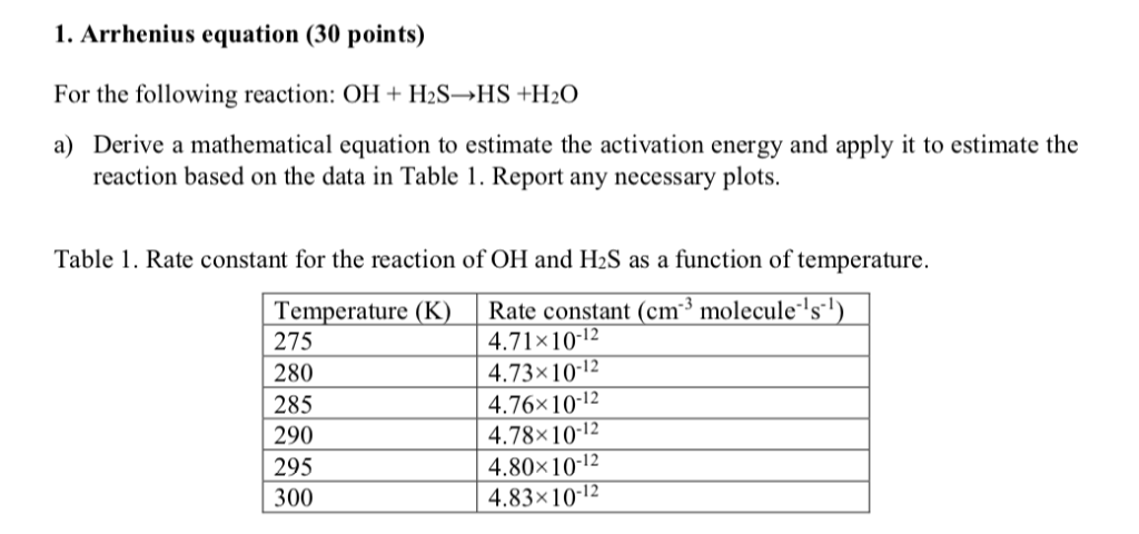 Solved 1. Arrhenius equation (30 points) For the following | Chegg.com