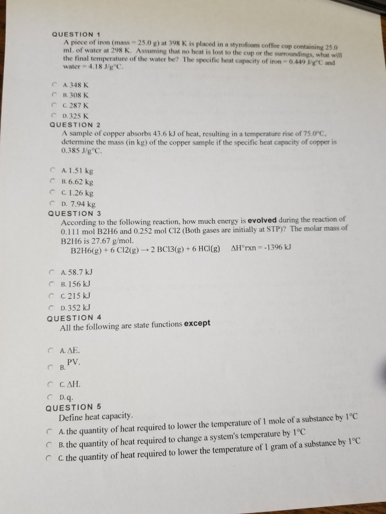 Solved QUESTION 1 A piece of iron (mass 25.0 g) at 398 K is | Chegg.com