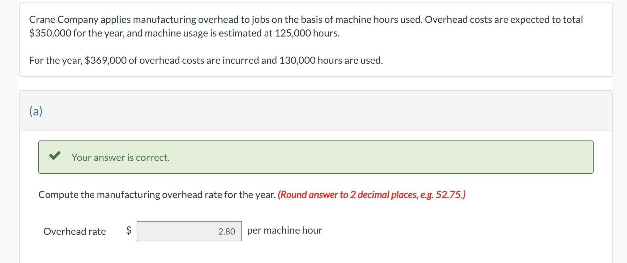 Solved Crane Company applies manufacturing overhead to jobs