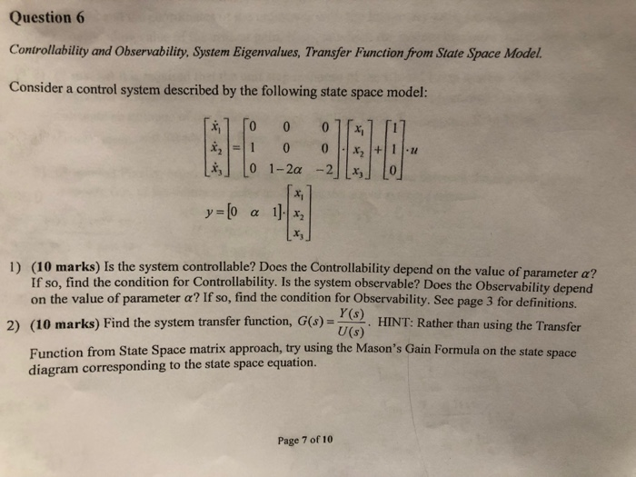 Solved Question 6 Controllability And Observability, System | Chegg.com