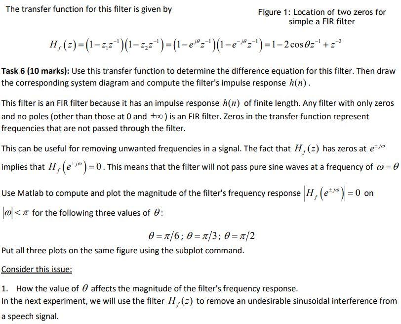 The transfer function for this filter is given by
Figure 1: Location of two zeros for simple a FIR filter
\[
H_{f}(z)=\left(1