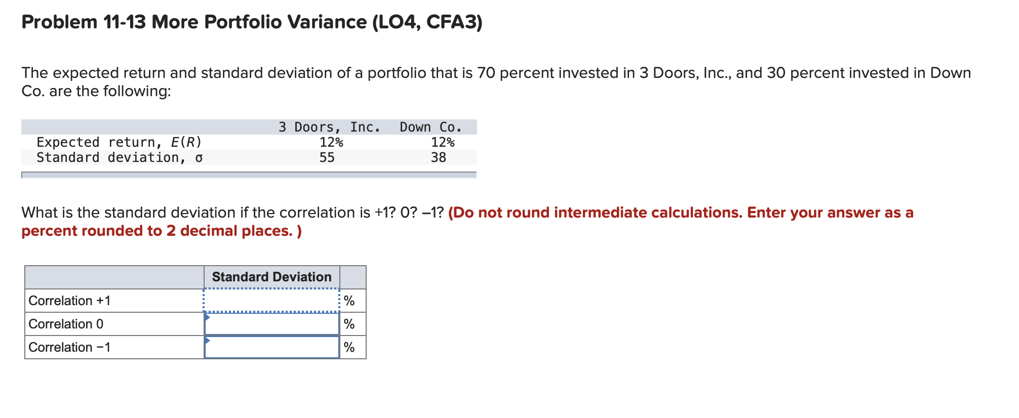 Solved Problem 11-13 More Portfolio Variance (LO4, CFA3) The | Chegg.com