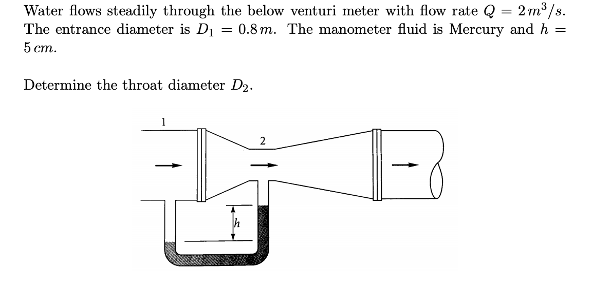 Solved Water flows steadily through the below venturi meter | Chegg.com