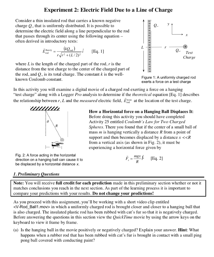 Experiment 2: Electric Field Due to a Line of Charge | Chegg.com