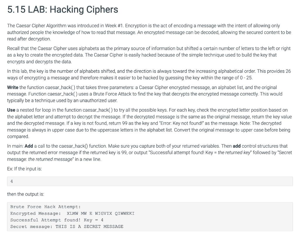 Solved 5.15 LAB: Hacking Ciphers The Caesar Cipher | Chegg.com