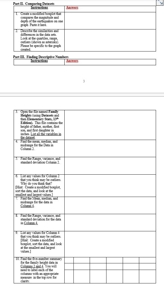 Answers Part II. Comparing Datasets Instructions 1. | Chegg.com