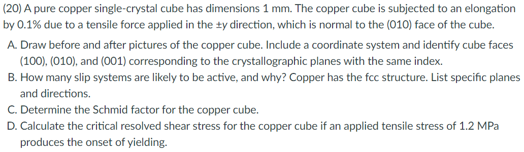 Solved (20) A pure copper single-crystal cube has dimensions | Chegg.com