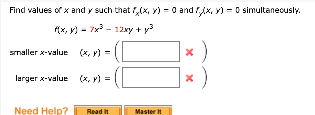 Solved Find values of x and y such that fx(x, y) = 0 and | Chegg.com
