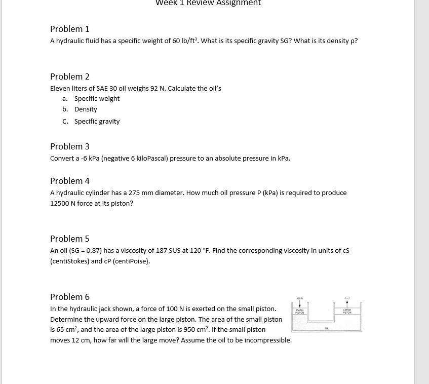 Solved Problem 1 A hydraulic fluid has a specific weight of