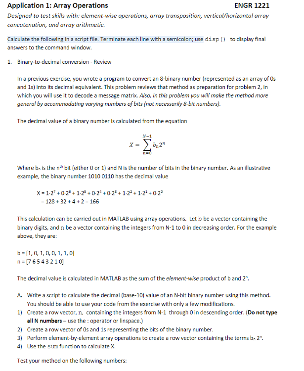 Application 1: Array Operations ENGR 1221 Designed to | Chegg.com