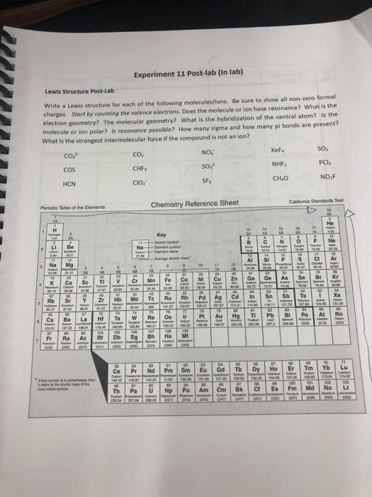Solved Experiment 11 Post-lab (In lab) Lewis Structure | Chegg.com