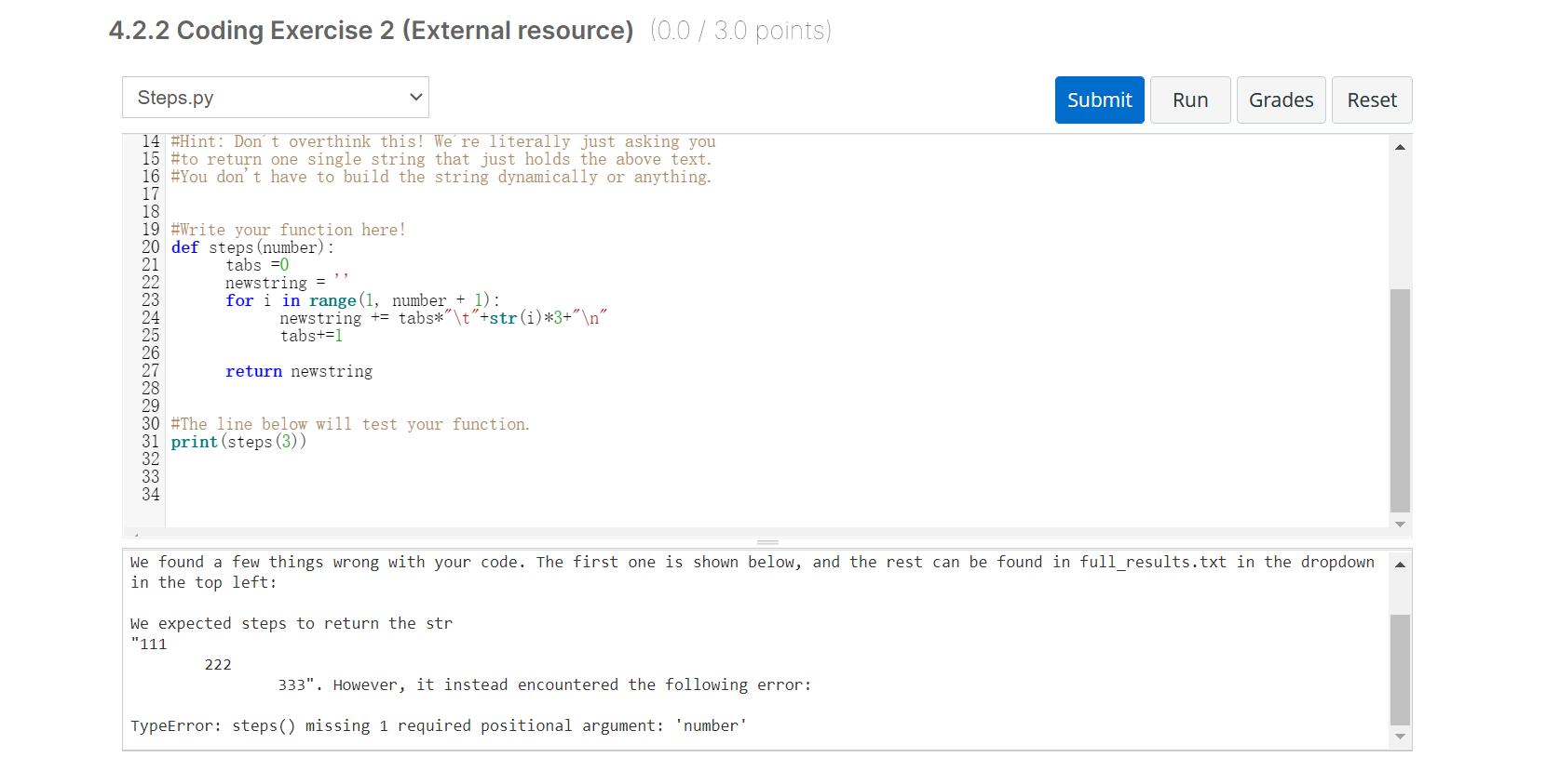 Solved 4.2.2 Coding Exercise 2 (External resource) (0.0 / | Chegg.com