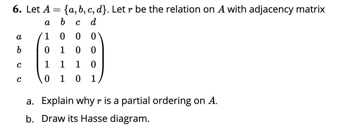 Solved 6. Let A = {a,b,c,d}. Let R Be The Relation On A With | Chegg.com