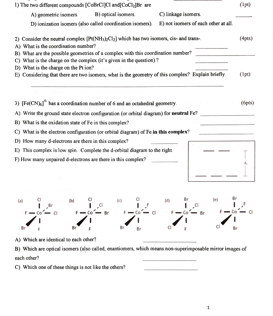 Solved (lpt) 1) The two different compounds [CoBrCl]Cl | Chegg.com