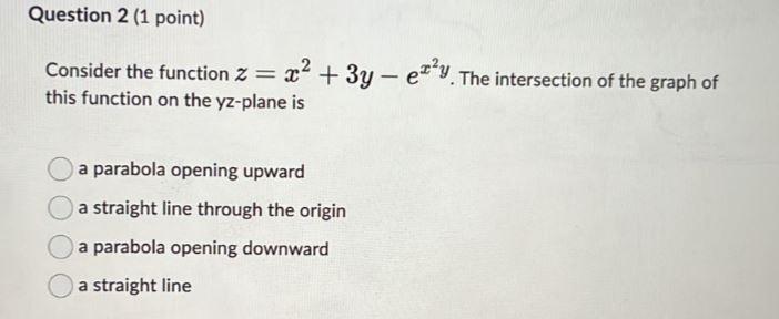 Solved Consider the function z=x2+3y−ex2y. The intersection | Chegg.com