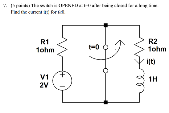 Solved 7. (5 points) The switch is OPENED at t=0 after being | Chegg.com