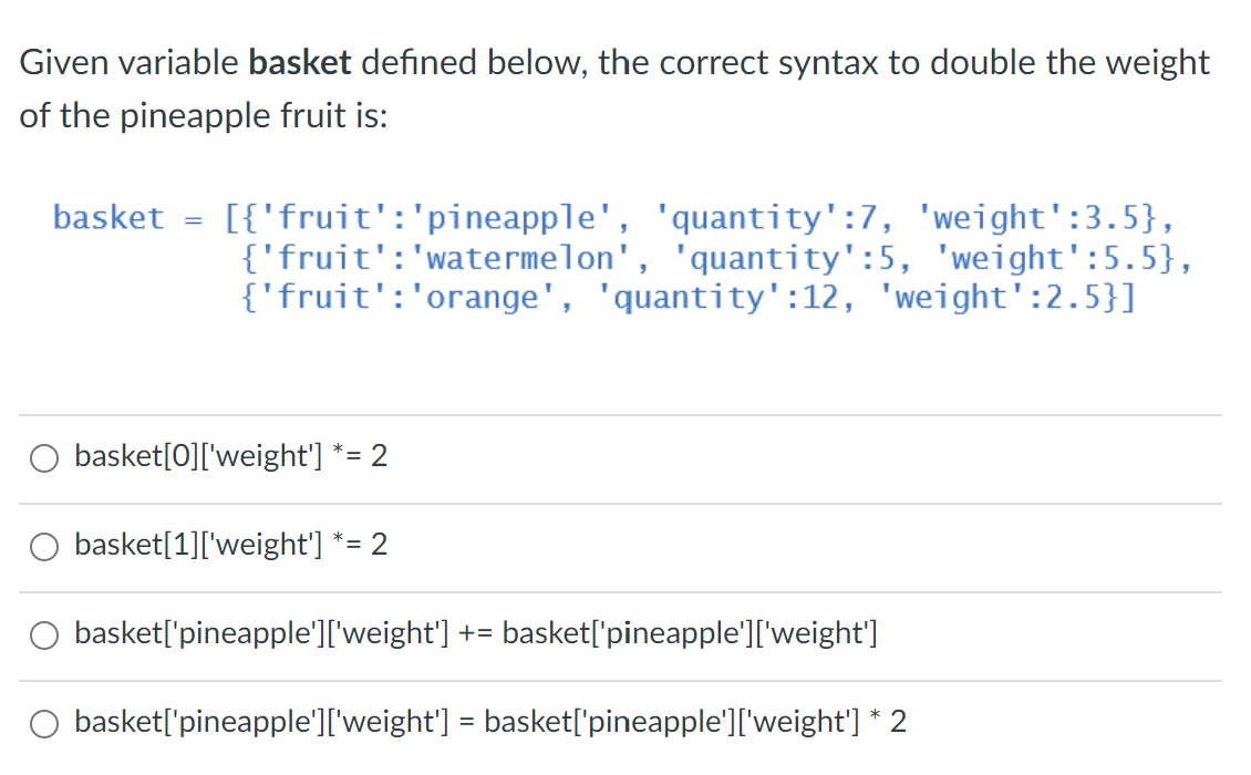 Given variable basket defined below, the correct | Chegg.com